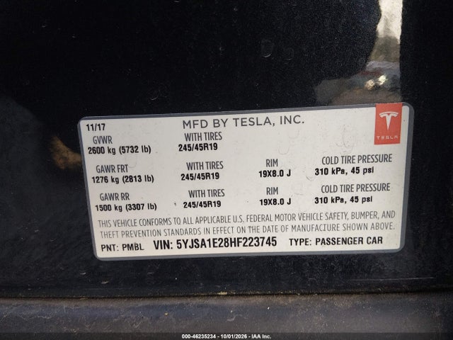 46235234 :رقم المزاد ، 5YJSA1E28HF223745 vin ، 2017 Tesla Model S 100d/60d/75d/90d/p100d مزاد بيع