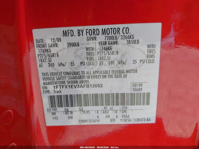 46235240 :رقم المزاد ، 1FTFX1EV3AFB13052 vin ، 2010 Ford F-150 Fx4/lariat/xl/xlt مزاد بيع