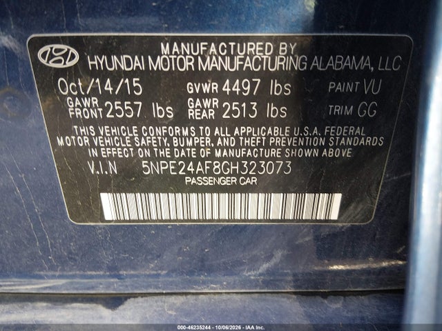 Auction sale of the 2016 Hyundai Sonata Se, vin: 5NPE24AF8GH323073, lot number: 46235244