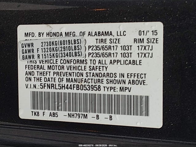 Продаж на аукціоні авто 2015 Honda Odyssey Ex, vin: 5FNRL5H44FB053958, номер лоту: 46235278
