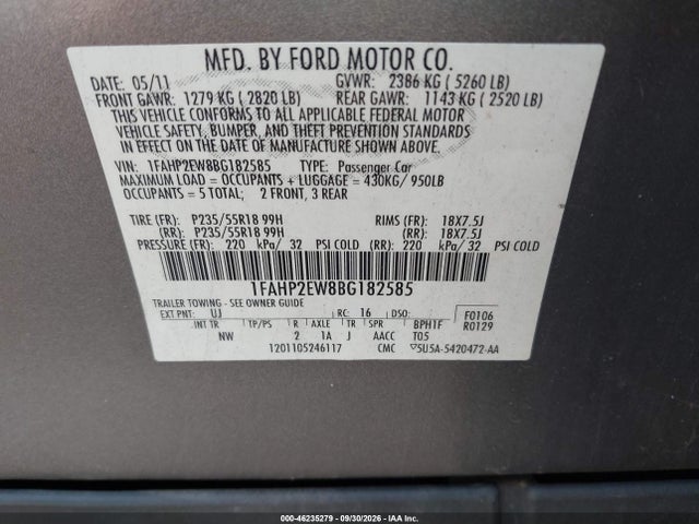 Продажа на аукционе авто 2011 Ford Taurus Sel, vin: 1FAHP2EW8BG182585, номер лота: 46235279