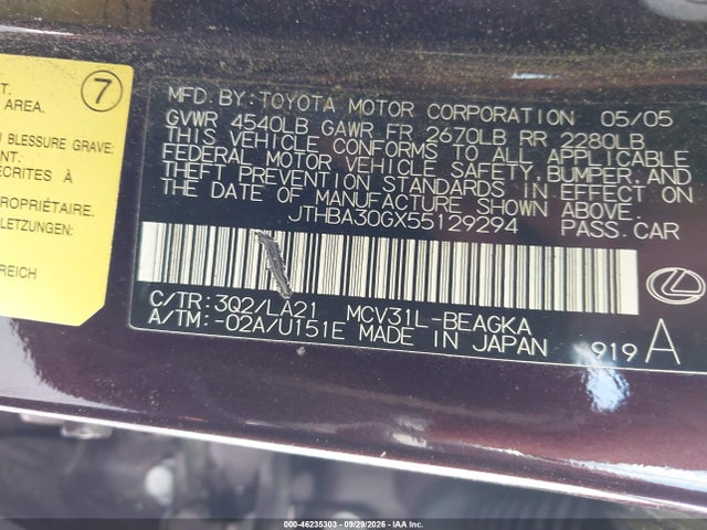 46235303 :رقم المزاد ، JTHBA30GX55129294 vin ، 2005 Lexus Es 330 مزاد بيع