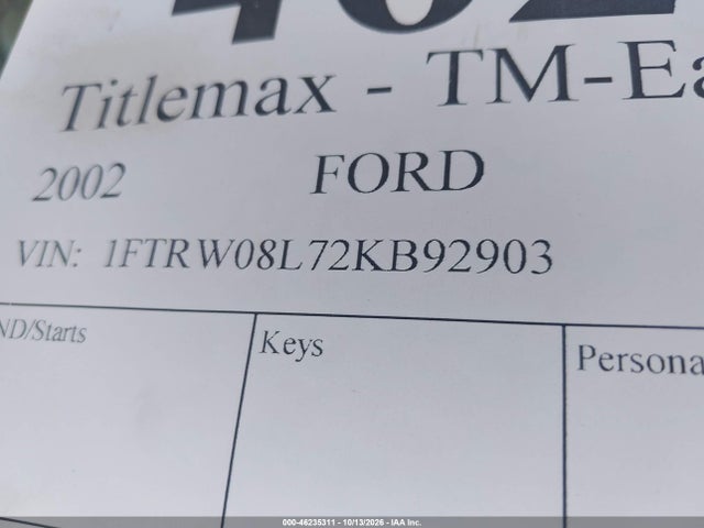 Продаж на аукціоні авто 2002 Ford F-150 Lariat/xlt, vin: 1FTRW08L72KB92903, номер лоту: 46235311