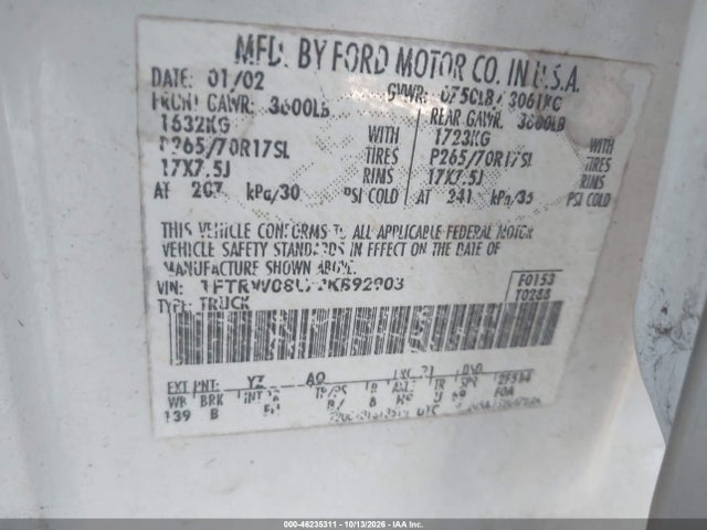 Продаж на аукціоні авто 2002 Ford F-150 Lariat/xlt, vin: 1FTRW08L72KB92903, номер лоту: 46235311