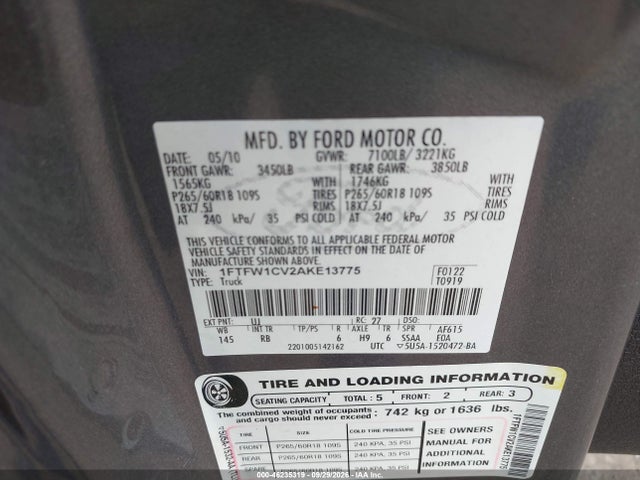 46235319 :رقم المزاد ، 1FTFW1CV2AKE13775 vin ، 2010 Ford F-150 Fx2 Sport/harley-davidson/king Ranch/lariat/platinum/xl/xlt مزاد بيع