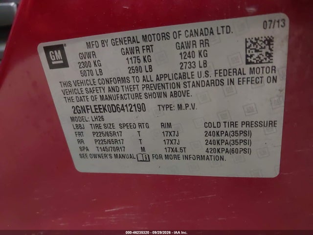 46235320 :رقم المزاد ، 2GNFLEEK0D6412190 vin ، 2013 Chevrolet Equinox 1lt مزاد بيع