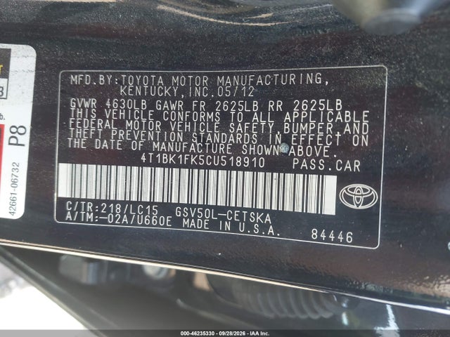 Продажа на аукционе авто 2012 Toyota Camry Se V6, vin: 4T1BK1FK5CU518910, номер лота: 46235330