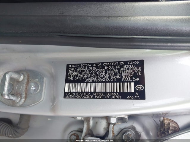 46235352 :رقم المزاد ، JTDBT923884029701 vin ، 2008 Toyota Yaris مزاد بيع