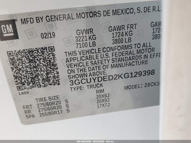 2019 Chevrolet Silverado 1500 Lt მანქანა იყიდება აუქციონზე, vin: 3GCUYDED2KG129398, აუქციონის ნომერი: 46235359