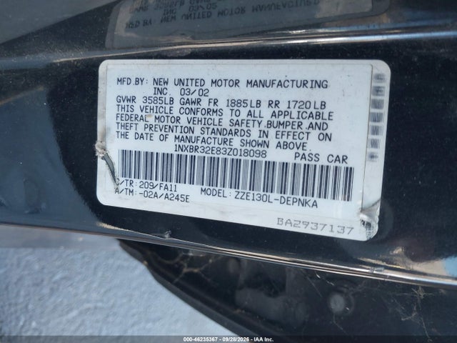 Aukcja sprzedaży 2003 Toyota Corolla Le, vin: 1NXBR32E83Z018098, numer aukcji: 46235367