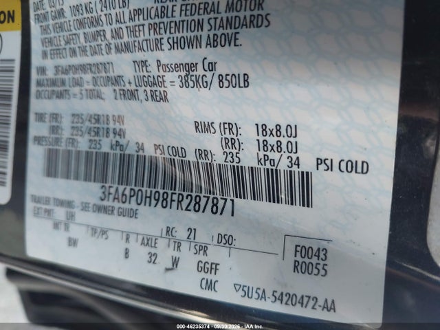 46235374 :رقم المزاد ، 3FA6P0H98FR287871 vin ، 2015 Ford Fusion Se مزاد بيع