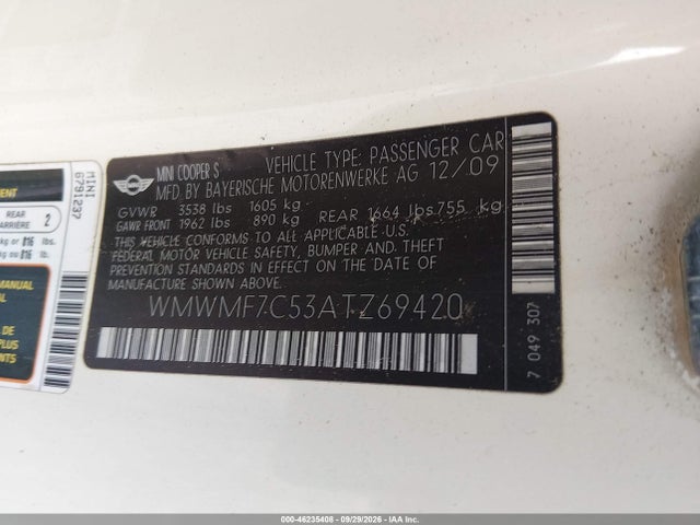 Продаж на аукціоні авто 2010 Mini Cooper S, vin: WMWMF7C53ATZ69420, номер лоту: 46235408