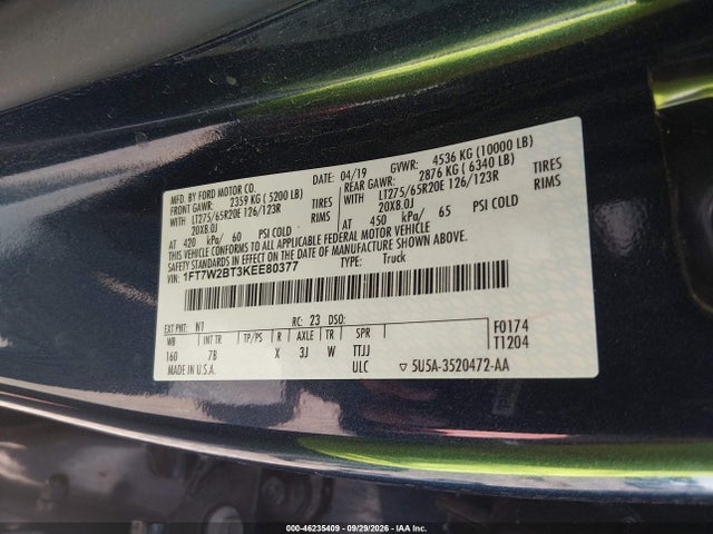 46235409 :رقم المزاد ، 1FT7W2BT3KEE80377 vin ، 2019 Ford F-250 Platinum مزاد بيع