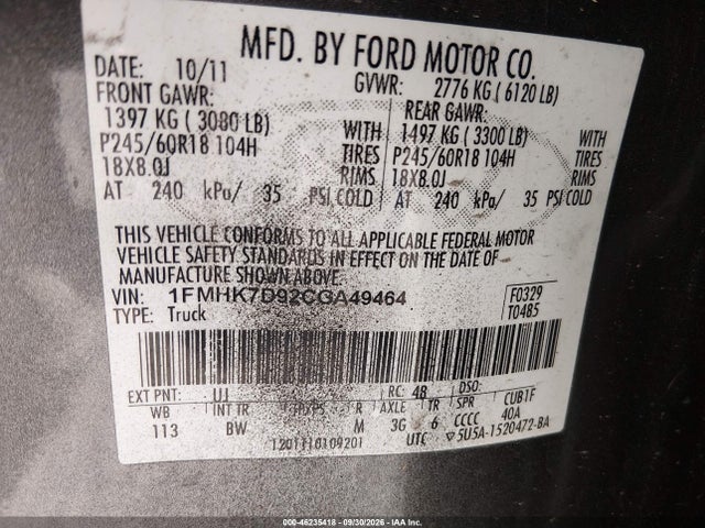 Продажа на аукционе авто 2012 Ford Explorer Xlt, vin: 1FMHK7D92CGA49464, номер лота: 46235418
