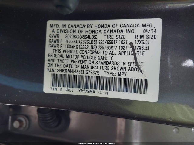 46235428 :رقم المزاد ، 2HKRM4H75EH677379 vin ، 2014 Honda Cr-v Ex-l مزاد بيع