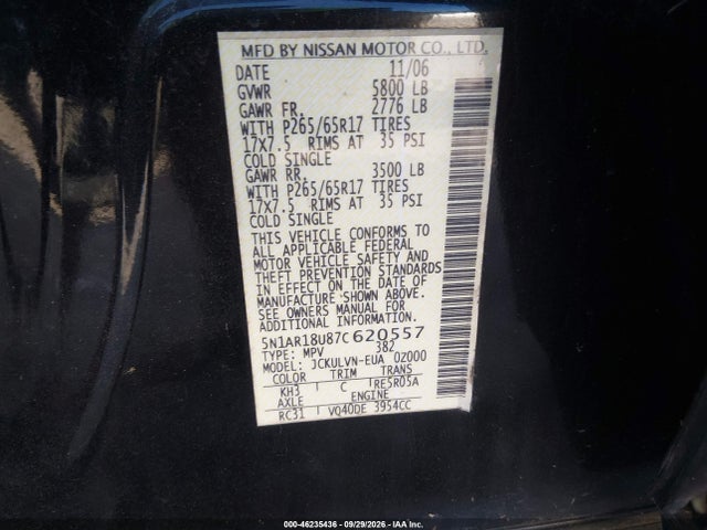 Продаж на аукціоні авто 2007 Nissan Pathfinder Le, vin: 5N1AR18U87C620557, номер лоту: 46235436
