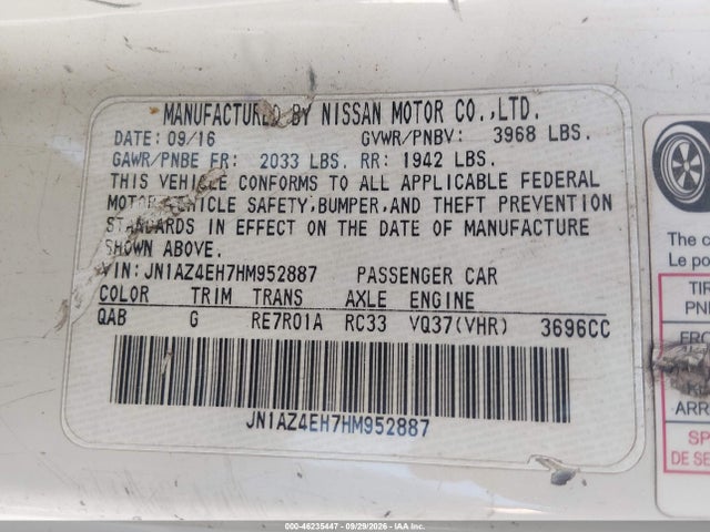 46235447 :رقم المزاد ، JN1AZ4EH7HM952887 vin ، 2017 Nissan 370z مزاد بيع