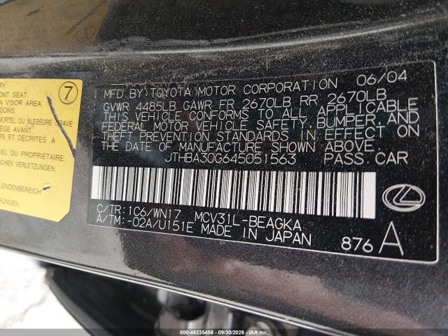 46235456 :رقم المزاد ، JTHBA30G645051563 vin ، 2004 Lexus Es 330 مزاد بيع