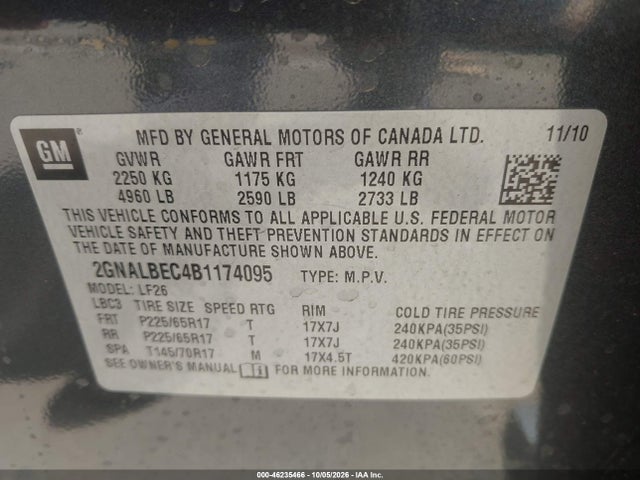 46235466 :رقم المزاد ، 2GNALBEC4B1174095 vin ، 2011 Chevrolet Equinox Ls مزاد بيع