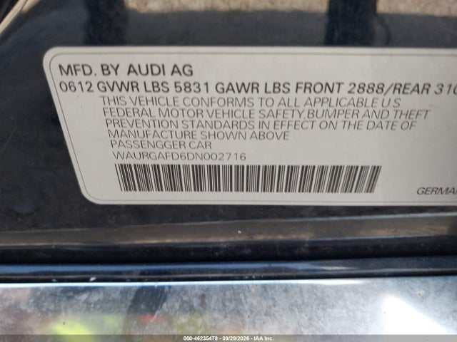 Продаж на аукціоні авто 2013 Audi A8 L 3.0t, vin: WAURGAFD6DN002716, номер лоту: 46235478