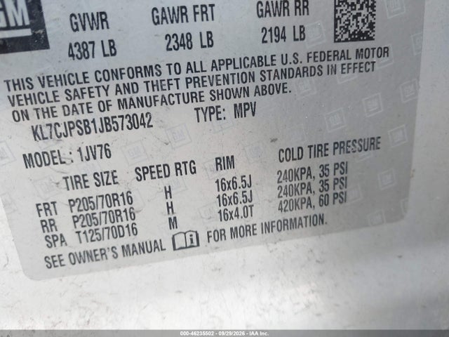 Продажа на аукционе авто 2018 Chevrolet Trax Lt, vin: KL7CJPSB1JB573042, номер лота: 46235502