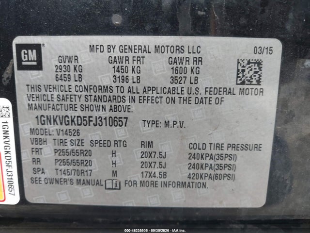 46235505 :رقم المزاد ، 1GNKVGKD5FJ310657 vin ، 2015 Chevrolet Traverse 1lt مزاد بيع