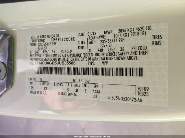 Aukcja sprzedaży 2018 Ford Escape Se, vin: 1FMCU0GD5JUB35586, numer aukcji: 46235508