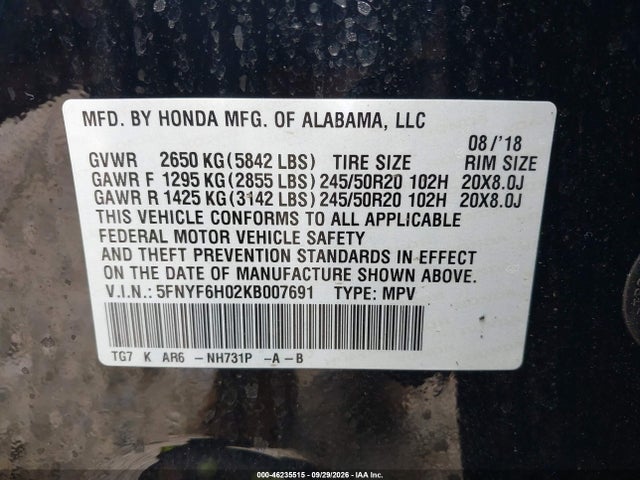 2019 Honda Pilot Elite მანქანა იყიდება აუქციონზე, vin: 5FNYF6H02KB007691, აუქციონის ნომერი: 46235515