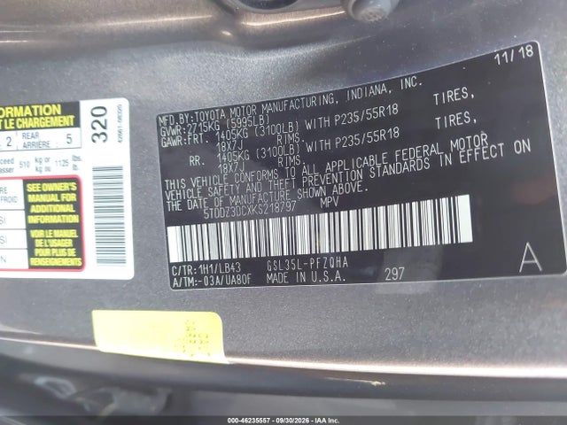2019 Toyota Sienna Limited 7 Passenger/limited Premium 7 Passenger/xle/xle Premium 7 Passenger მანქანა იყიდება აუქციონზე, vin: 5TDDZ3DCXKS218797, აუქციონის ნომერი: 46235557