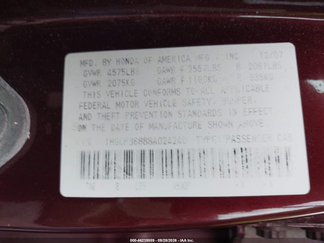 Продажа на аукционе авто 2008 Honda Accord 3.5 Ex-l, vin: 1HGCP36888A024240, номер лота: 46235559
