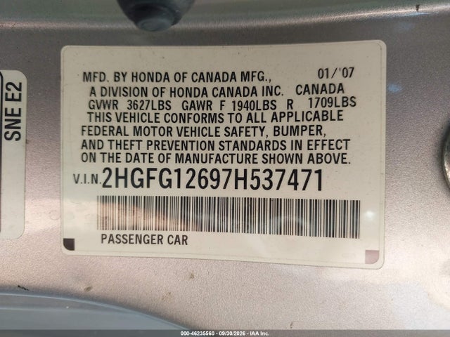 Aukcja sprzedaży 2007 Honda Civic Lx, vin: 2HGFG12697H537471, numer aukcji: 46235560
