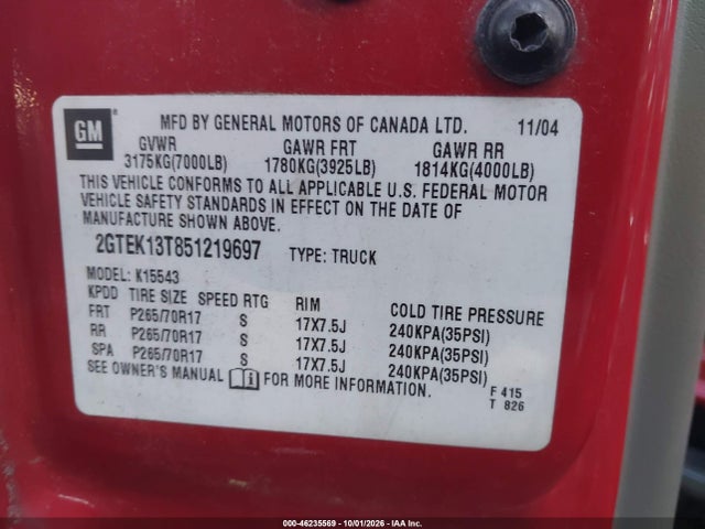 2005 Gmc Sierra 1500 Slt მანქანა იყიდება აუქციონზე, vin: 2GTEK13T851219697, აუქციონის ნომერი: 46235569