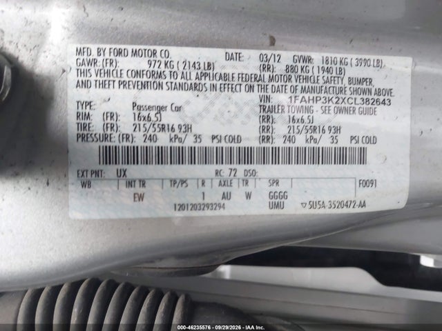 Продажа на аукционе авто 2012 Ford Focus Se, vin: 1FAHP3K2XCL382643, номер лота: 46235576