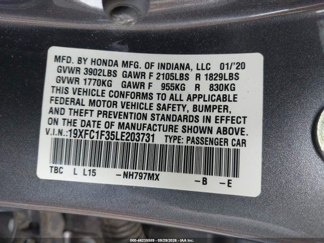 Продажа на аукционе авто 2020 Honda Civic Ex, vin: 19XFC1F35LE203731, номер лота: 46235589