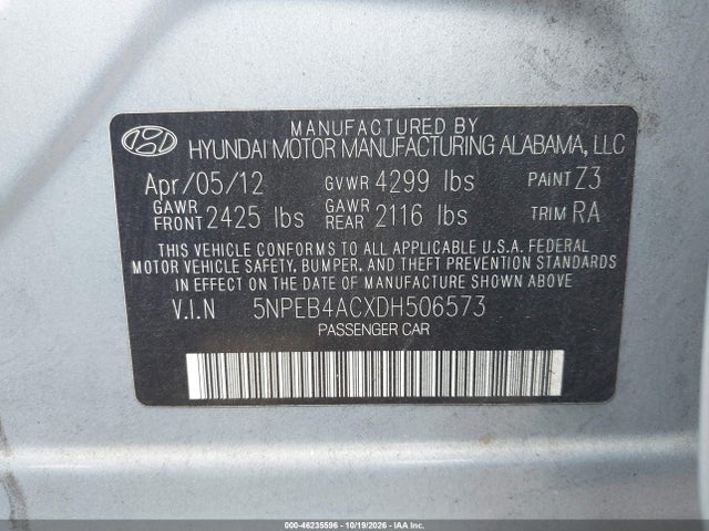 46235596 :رقم المزاد ، 5NPEB4ACXDH506573 vin ، 2013 Hyundai Sonata Gls مزاد بيع