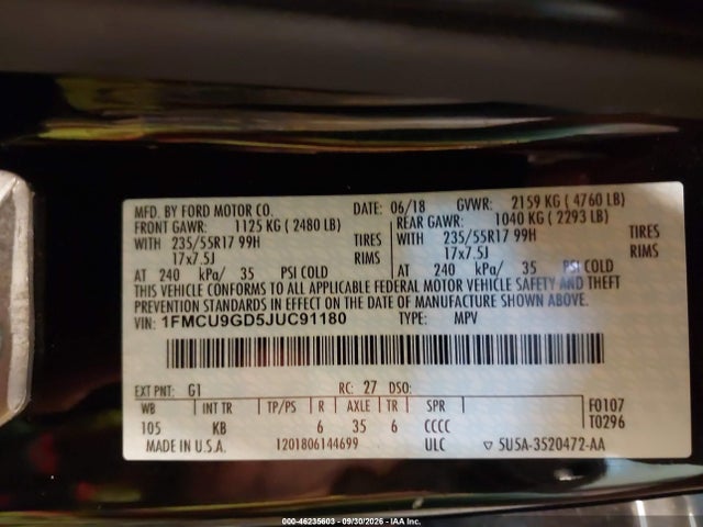 46235603 :رقم المزاد ، 1FMCU9GD5JUC91180 vin ، 2018 Ford Escape Se مزاد بيع