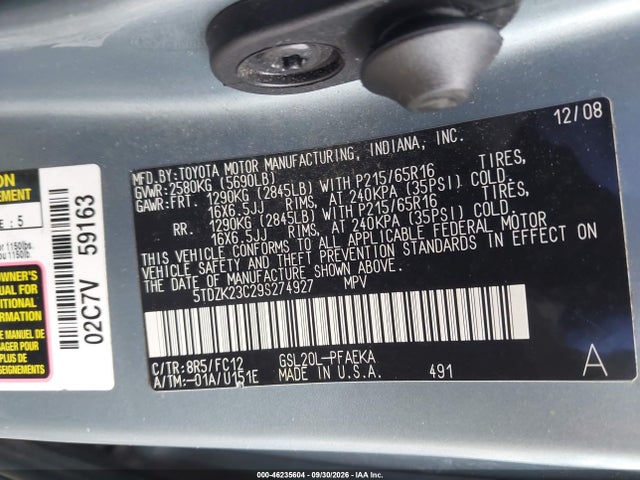 Aukcja sprzedaży 2009 Toyota Sienna Le, vin: 5TDZK23C29S274927, numer aukcji: 46235604