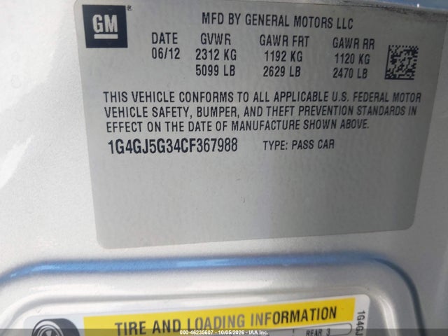 Aukcja sprzedaży 2012 Buick Lacrosse Touring Group, vin: 1G4GJ5G34CF367988, numer aukcji: 46235607