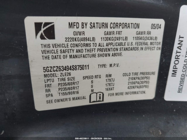 2004 Saturn Vue V6 მანქანა იყიდება აუქციონზე, vin: 5GZCZ63494S875011, აუქციონის ნომერი: 46235611