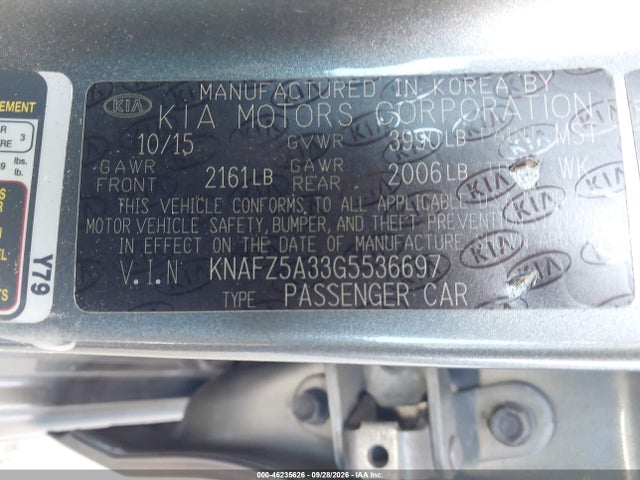 2016 Kia Forte Sx მანქანა იყიდება აუქციონზე, vin: KNAFZ5A33G5536697, აუქციონის ნომერი: 46235626