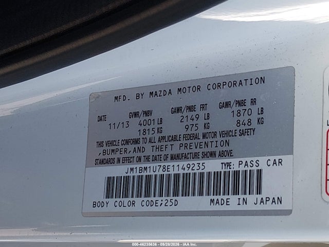 Aukcja sprzedaży 2014 Mazda Mazda3 I Sport, vin: JM1BM1U78E1149235, numer aukcji: 46235636