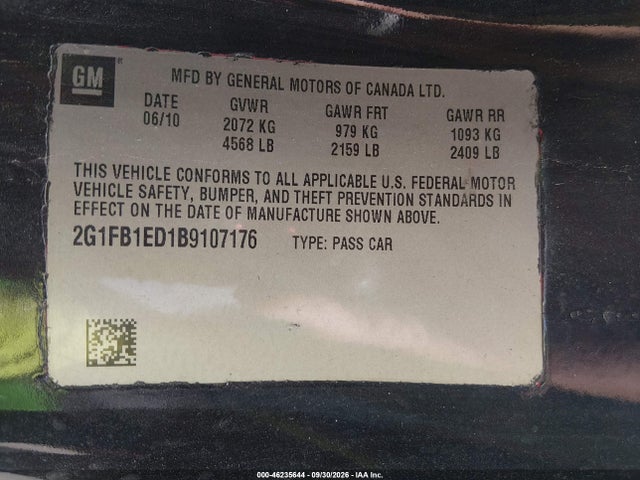 46235644 :رقم المزاد ، 2G1FB1ED1B9107176 vin ، 2011 Chevrolet Camaro 1lt مزاد بيع