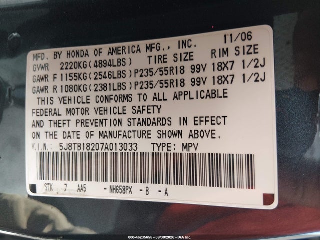 Продаж на аукціоні авто 2007 Acura Rdx, vin: 5J8TB18207A013033, номер лоту: 46235655