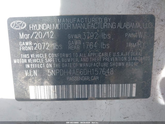 46235665 :رقم المزاد ، 5NPDH4AE6DH157648 vin ، 2013 Hyundai Elantra Limited مزاد بيع