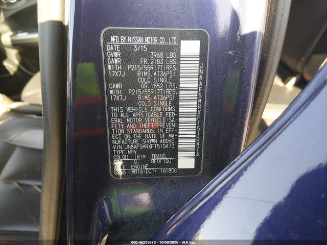 46235670 :رقم المزاد ، JN8AF5MRXFT510473 vin ، 2015 Nissan Juke Sl مزاد بيع