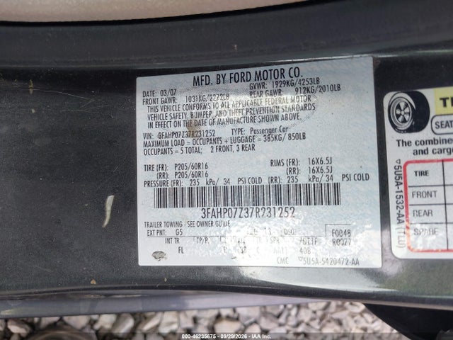 2007 Ford Fusion Se მანქანა იყიდება აუქციონზე, vin: 3FAHP07Z37R231252, აუქციონის ნომერი: 46235675