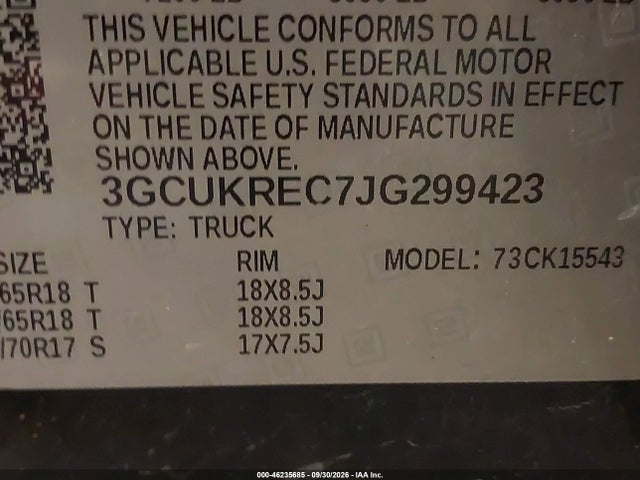 Aukcja sprzedaży 2018 Chevrolet Silverado 1500 2lt, vin: 3GCUKREC7JG299423, numer aukcji: 46235685
