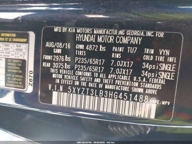 46235706 :رقم المزاد ، 5XYZT3LB3HG451488 vin ، 2017 Hyundai Santa Fe Sport 2.4l مزاد بيع