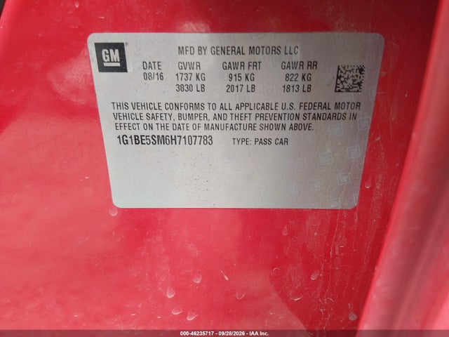 2017 Chevrolet Cruze Lt Auto მანქანა იყიდება აუქციონზე, vin: 1G1BE5SM6H7107783, აუქციონის ნომერი: 46235717
