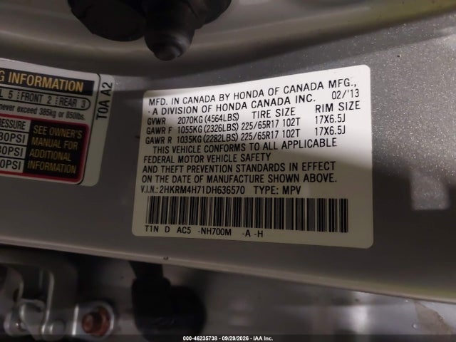 2013 Honda Cr-v Ex-l მანქანა იყიდება აუქციონზე, vin: 2HKRM4H71DH636570, აუქციონის ნომერი: 46235738
